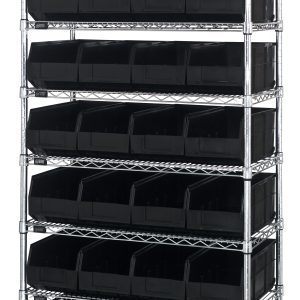 The Quantum Bin Wire Shelving System is a 36W x 18D x 74H unit with eight shelves and 28 SSB463 black bins. It features a chrome-plated finish, supports up to 800 lbs per shelf, has a sturdy wire-frame construction, and is shipped KD for easy assembly at home.