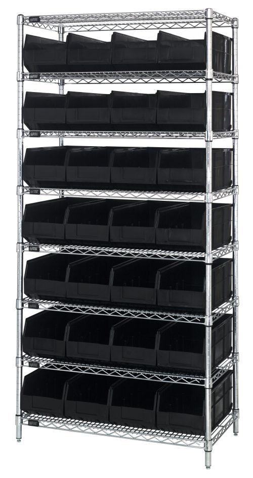 The Quantum Bin Wire Shelving System is a 36W x 18D x 74H unit with eight shelves and 28 SSB463 black bins. It features a chrome-plated finish, supports up to 800 lbs per shelf, has a sturdy wire-frame construction, and is shipped KD for easy assembly at home.