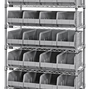 The Quantum Bin Wire Shelving System has a chrome plated finish, measures 36W x 18D x 74H, and includes eight shelves with 28 front-access gray bins. It features a durable wireframe design and supports up to 800 lbs per shelf.