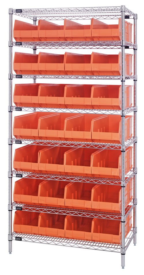 WR8-463_OR.jpg The Quantum Bin Wire Shelving System, 36W x 18D x 74H, features eight sturdy shelves and includes 28 front-open SSB463 orange bins. With a chrome-plated finish and an 800 lbs load capacity per shelf, this industrial unit is ideal for organizing tools or materials.