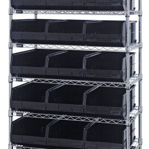 The Quantum Bin Wire Shelving System, 36W x 18D x 74H, offers eight shelves with a sturdy load capacity of 800 lbs each. It comes with a chrome-plated finish and includes 21 black Ssb465 bins with open fronts. Shipped KD for your convenience.