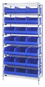 The Quantum Bin Wire Shelving System features a chrome-plated finish, measures 36W x 18D x 74H, and includes eight shelves. It has a load capacity of 800 lbs per shelf and comes with 21 SSB465 blue bins for an organized look. Shipped KD.