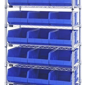 The Quantum Bin Wire Shelving System features a chrome-plated finish, measures 36W x 18D x 74H, and includes eight shelves. It has a load capacity of 800 lbs per shelf and comes with 21 SSB465 blue bins for an organized look. Shipped KD.