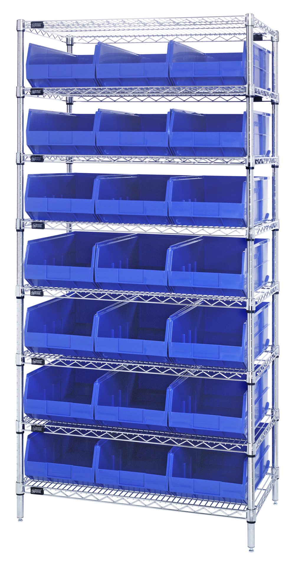 Chrome wire bin shelving unit fully loaded with blue open-front plastic bins on every shelf