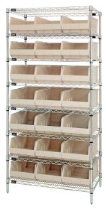 The Quantum Bin Wire Shelving System, measuring 36W x 18D x 74H, features a chrome-plated finish and can hold up to 800 lbs per shelf. It includes 8 shelves and 21 SSB465 ivory bins for easy access and organization, shipped knocked down.