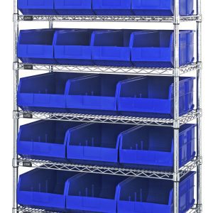 The Quantum Bin Wire Shelving System, 36W x 21D x 74H, chrome-plated, has eight shelves with an 800 lbs capacity each. Its ideal for organization with twelve blue bins included.