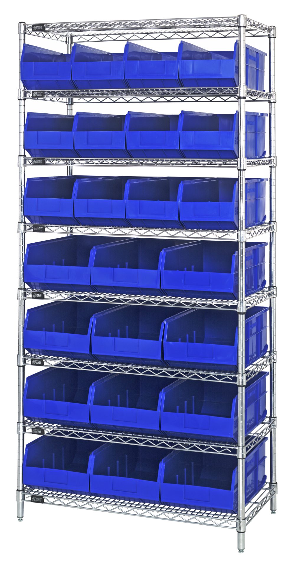 Chrome wire bin shelving unit fully loaded with blue open-front bins in two sizes