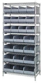 The Quantum Bin Wire Shelving System, measuring 36W x 21D x 74H, has a chrome plated finish and includes eight shelves with an 800 lbs load capacity per shelf. It comes with twelve SSB483 and twelve SSB485 gray bins, providing a sturdy, organized storage solution. Shipped KD.