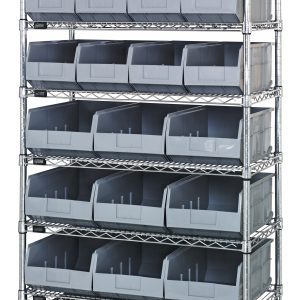The Quantum Bin Wire Shelving System, measuring 36W x 21D x 74H, has a chrome plated finish and includes eight shelves with an 800 lbs load capacity per shelf. It comes with twelve SSB483 and twelve SSB485 gray bins, providing a sturdy, organized storage solution. Shipped KD.