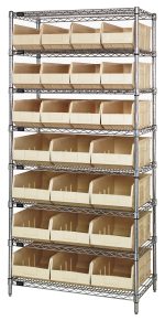 The Quantum Bin Wire Shelving System, 36W x 21D x 74H, chrome-plated with a sleek design, includes eight shelves and 12 SSB485 ivory bins. It boasts an 800 lbs load capacity per shelf and stands empty against a pristine white background, ready to organize essentials in style.