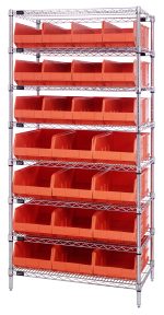 The Quantum Bin Wire Shelving System is a chrome-plated 36W x 21D x 74H unit with eight shelves, each holding up to 800 lbs. It includes open-front orange bins for uniformity and accessibility, shipped knocked down (KD).
