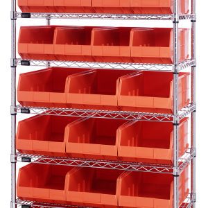The Quantum Bin Wire Shelving System is a chrome-plated 36W x 21D x 74H unit with eight shelves, each holding up to 800 lbs. It includes open-front orange bins for uniformity and accessibility, shipped knocked down (KD).