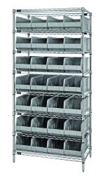 The Quantum Bin Wire Shelving System, 36W x 21D x 74H, features (8) shelves and (28) SSB483 gray bins. Each shelf holds up to 800 lbs. Shipped KD, its chrome-plated finish and open-fronted bins ensure durability and easy access to small items.