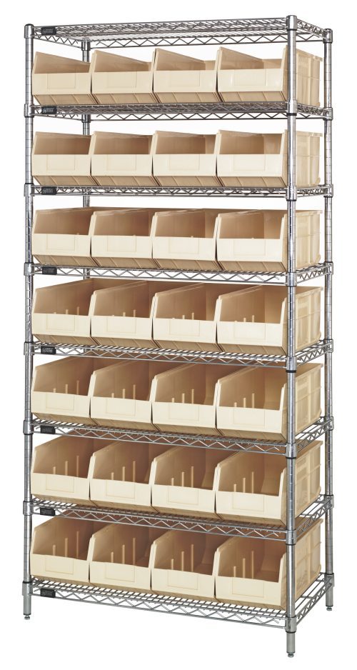 The Quantum Bin Wire Shelving System measures 36W x 21D x 74H, boasting 800 lbs load capacity per shelf. It includes eight shelves and 28 ivory SSB483 bins, features a chrome-plated finish, and is shipped KD for easy assembly and versatile organization.