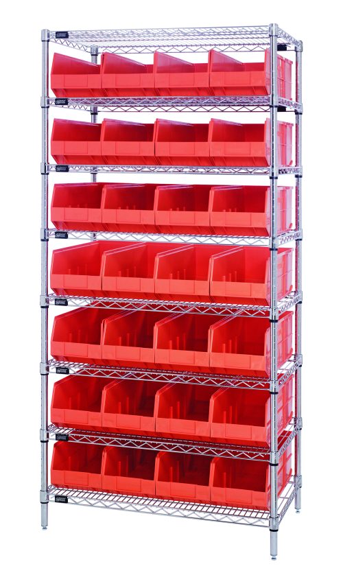 WR8-483_OR.jpg The Quantum Bin Wire Shelving System, measuring 36W x 21D x 74H, includes eight chrome-plated shelves and 28 SSB483 orange bins. It offers an 800 lbs load capacity per shelf and is shipped KD for easy assembly, ensuring durability and efficient storage with sturdy metal wire construction.