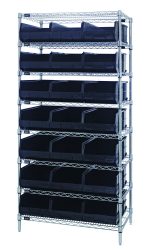 The Quantum Bin Wire Shelving System measures 36W x 21D x 74H and includes 8 shelves with 21 SSB485 black bins. Supporting up to 800 lbs per shelf, it features chrome plating and is shipped KD for stability and easy organization on flat surfaces.