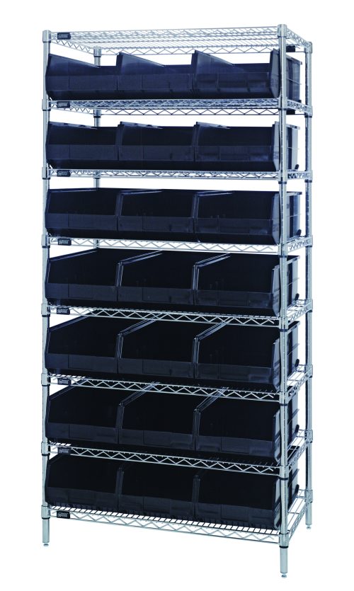 The Quantum Bin Wire Shelving System measures 36W x 21D x 74H and includes 8 shelves with 21 SSB485 black bins. Supporting up to 800 lbs per shelf, it features chrome plating and is shipped KD for stability and easy organization on flat surfaces.