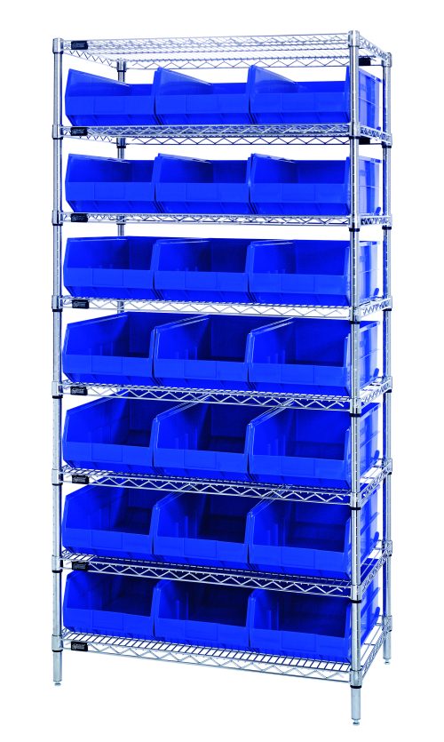 The Quantum Bin Wire Shelving System measures 36W x 21D x 74H, offering a chrome-plated finish and includes eight shelves and 21 SSB485 blue bins. Each shelf boasts an 800 lbs load capacity, ensuring optimal storage against a plain white background.