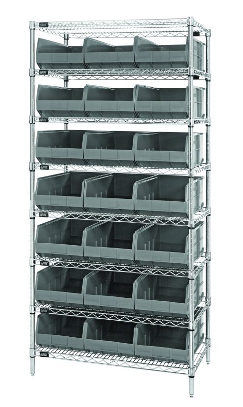WR8-485_GY.jpg The Quantum Bin Wire Shelving System, 36W x 21D x 74H, features a chrome-plated finish with eight shelves and 21 gray SSB485 bins. Each shelf, supporting up to 800 lbs, allows easy access to the open-fronted bins. The shelving unit is shipped KD and provides efficient organization on a plain white background.