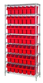 The Quantum Bin Wire Shelving System, 36W x 12D x 74H, chrome plated, includes 8 shelves and 49 QSB801 red bins. Each shelf can hold up to 800 lbs, showcasing neatly aligned bins against a simple white background.