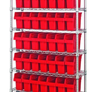 The Quantum Bin Wire Shelving System, 36W x 12D x 74H, chrome plated, includes 8 shelves and 49 QSB801 red bins. Each shelf can hold up to 800 lbs, showcasing neatly aligned bins against a simple white background.