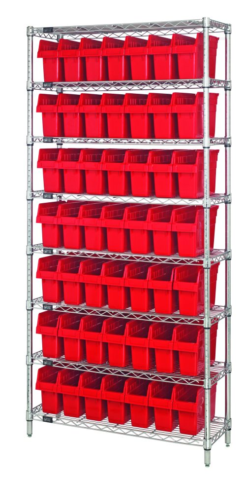 The Quantum Bin Wire Shelving System, 36W x 12D x 74H, chrome plated, includes 8 shelves and 49 QSB801 red bins. Each shelf can hold up to 800 lbs, showcasing neatly aligned bins against a simple white background.