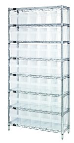 The Quantum Bin Wire Shelving System, measuring 36W x 12D x 74H, includes eight wire shelves and four posts with a chrome finish, supporting up to 800 lbs per shelf. It comes with 35 QSB802 clear bins, providing optimal organization on this sturdy rack.