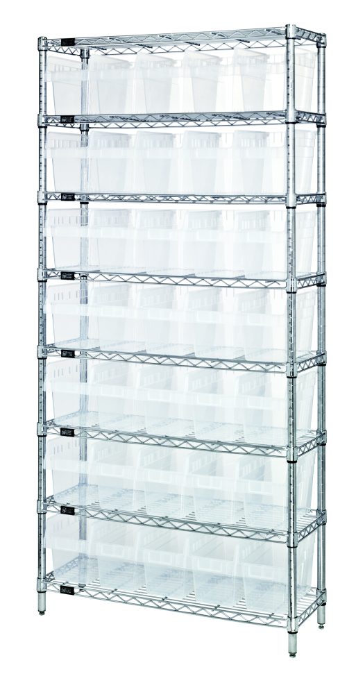 WR8-802 Cl The Quantum Bin Wire Shelving System, measuring 36W x 12D x 74H, includes eight wire shelves and four posts with a chrome finish, supporting up to 800 lbs per shelf. It comes with 35 QSB802 clear bins, providing optimal organization on this sturdy rack.
