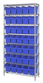 The Quantum Bin Wire Shelving System, 36W x 12D x 74H, includes eight wire shelves and 35 QSB802 blue bins. With an 800 lb. capacity per shelf, its freestanding chrome-plated design ensures easy access, organization, and a tidy appearance.