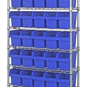 The Quantum Bin Wire Shelving System, 36W x 12D x 74H, includes eight wire shelves and 35 QSB802 blue bins. With an 800 lb. capacity per shelf, its freestanding chrome-plated design ensures easy access, organization, and a tidy appearance.