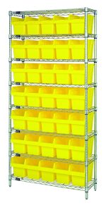 The Quantum Bin Wire Shelving System, 36W x 12D x 74H, includes eight wire shelves and four posts, holding up to 35 QSB802 yellow bins. Its chrome-plated finish supports an 800 lb capacity per shelf, offering a tidy and organized industrial design.