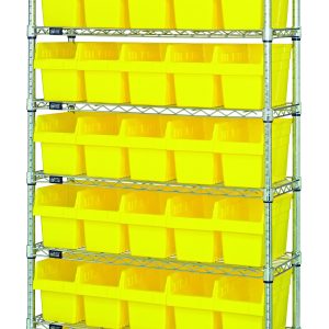 The Quantum Bin Wire Shelving System, 36W x 12D x 74H, includes eight wire shelves and four posts, holding up to 35 QSB802 yellow bins. Its chrome-plated finish supports an 800 lb capacity per shelf, offering a tidy and organized industrial design.