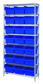The Quantum Bin Wire Shelving System, measuring 36W x 12D x 74H and chrome plated, includes eight wire shelves that each support three QSB809 blue bins, ensuring optimal organization with its uniform arrangement and sturdy design.