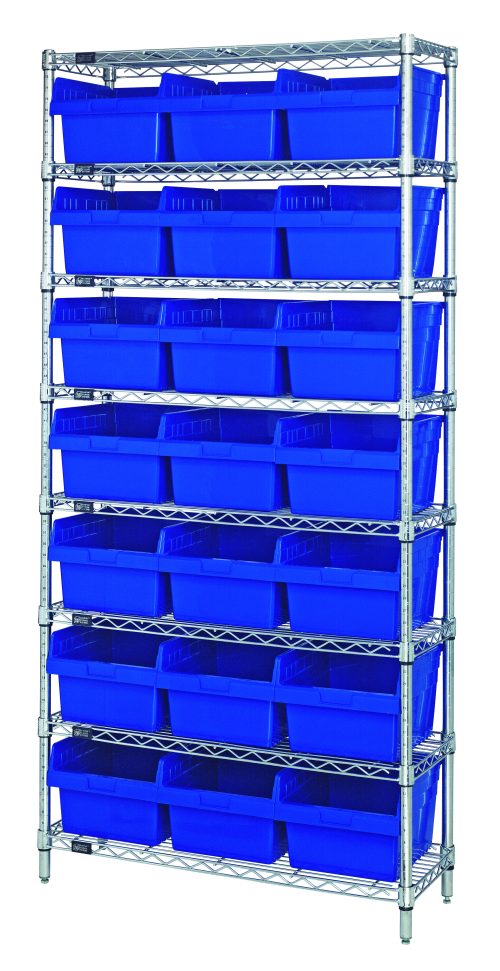 The Quantum Bin Wire Shelving System, measuring 36W x 12D x 74H and chrome plated, includes eight wire shelves that each support three QSB809 blue bins, ensuring optimal organization with its uniform arrangement and sturdy design.