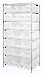 The Quantum Bin Wire Shelving System, sized at 36W x 24D x 74H, features a chrome-plated finish and supports an 800 lb. capacity per shelf. It includes eight wire shelves and four posts, with twelve Qus950 and twelve Qus952 clear bins for organized storage.