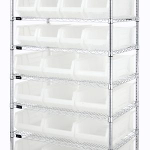 The Quantum Bin Wire Shelving System, sized at 36W x 24D x 74H, features a chrome-plated finish and supports an 800 lb. capacity per shelf. It includes eight wire shelves and four posts, with twelve Qus950 and twelve Qus952 clear bins for organized storage.