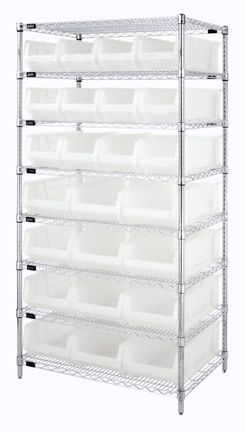 The Quantum Bin Wire Shelving System, sized at 36W x 24D x 74H, features a chrome-plated finish and supports an 800 lb. capacity per shelf. It includes eight wire shelves and four posts, with twelve Qus950 and twelve Qus952 clear bins for organized storage.
