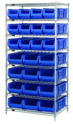 The Quantum Bin Wire Shelving System, 36W x 24D x 74H, features eight chrome-plated wire shelves and four posts. Each shelf supports up to 800 lbs, includes twelve Qus950 and twelve Qus952 blue bins for organized storage.