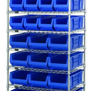 The Quantum Bin Wire Shelving System, 36W x 24D x 74H, features eight chrome-plated wire shelves and four posts. Each shelf supports up to 800 lbs, includes twelve Qus950 and twelve Qus952 blue bins for organized storage.