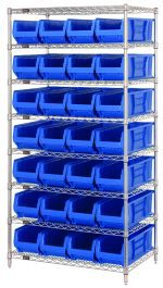 The Quantum Bin Systems Unit features a chrome-plated finish with eight wire shelves and 28 blue bins (23-7/8L x 8-1/4W x 7H), including four sturdy posts. Its ideal for dry storage, providing efficient organization with neatly arranged bins. Shipped KD.