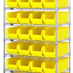 The Quantum Bin Systems Unit, with a chrome-plated finish, includes 4 posts, 8 wire shelves, and 28 yellow bins (QUS950) measuring 23-7/8L x 8-1/4W x 7H. Ideal for dry storage applications, it ensures organized storage and easy access to items.