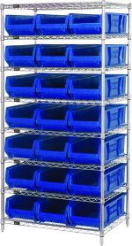 The Quantum Bin Systems Unit is a chrome-plated, stationary shelving system featuring four posts, eight wire shelves, and 21 blue bins measuring 23-7/8L x 11W x 7H. This unit is ideal for dry storage applications and is shipped knockdown.