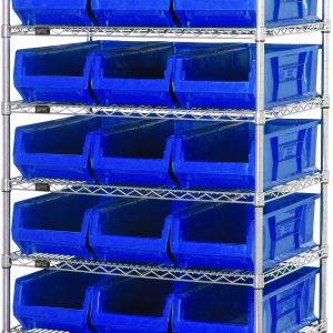The Quantum Bin Systems Unit is a chrome-plated, stationary shelving system featuring four posts, eight wire shelves, and 21 blue bins measuring 23-7/8L x 11W x 7H. This unit is ideal for dry storage applications and is shipped knockdown.