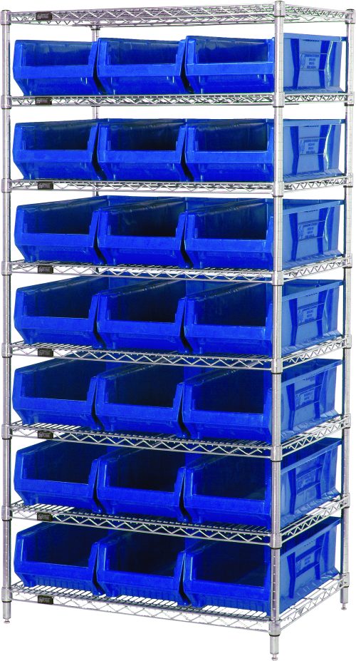The Quantum Bin Systems Unit is a chrome-plated, stationary shelving system featuring four posts, eight wire shelves, and 21 blue bins measuring 23-7/8L x 11W x 7H. This unit is ideal for dry storage applications and is shipped knockdown.