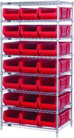 The Quantum Bin Systems Unit is stationary with a chrome-plated finish. It includes 4 posts, 8 wire shelves, and 21 red bins (23-7/8L x 11W x 7H). The unit is suitable for dry storage applications and features front-opening semi-transparent bins for easy access.