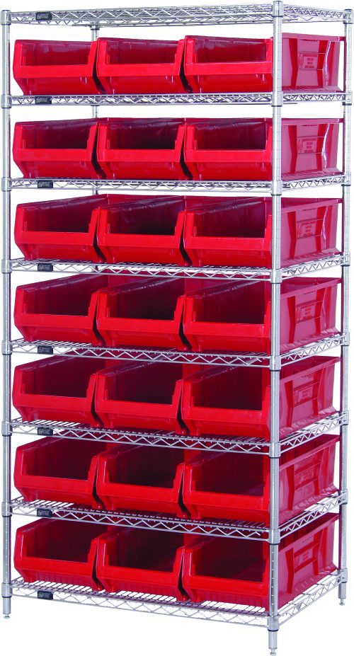 The Quantum Bin Systems Unit is stationary with a chrome-plated finish. It includes 4 posts, 8 wire shelves, and 21 red bins (23-7/8L x 11W x 7H). The unit is suitable for dry storage applications and features front-opening semi-transparent bins for easy access.