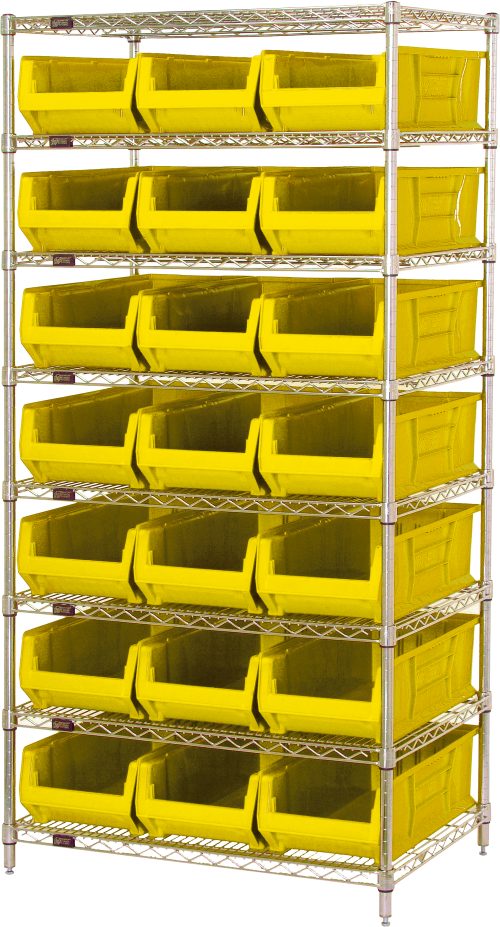 The tall storage rack with a chrome-plated finish includes 4 posts, 8 wire shelves, and supports 21 yellow bins (QUS952, each 23-7/8L x 11W x 7H). Its ideal for dry storage applications and is shipped knocked down.