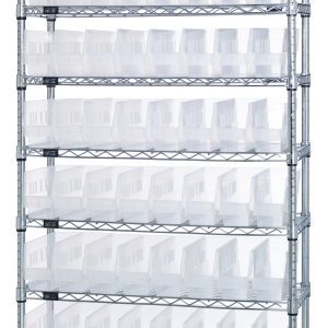 The Quantum Bin Wire Shelving System is 36W x 12D x 74H, featuring nine chrome-plated wire shelves with an 800 lb. capacity each, supported by four metal posts, and includes 64 clear QSB201 bins.