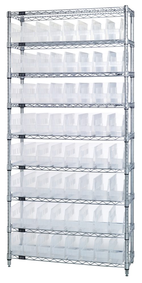 The Quantum Bin Wire Shelving System is 36W x 12D x 74H, featuring nine chrome-plated wire shelves with an 800 lb. capacity each, supported by four metal posts, and includes 64 clear QSB201 bins.