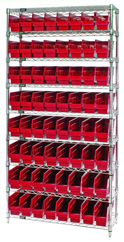 The Quantum Bin Wire Shelving System, sized at 36W x 12D x 74H with a chrome-plated finish, features nine wire shelves supported by four posts and includes 64 QSB201 red bins, each shelf holding up to 800 lbs. Its design emphasizes organization against a sleek white background.